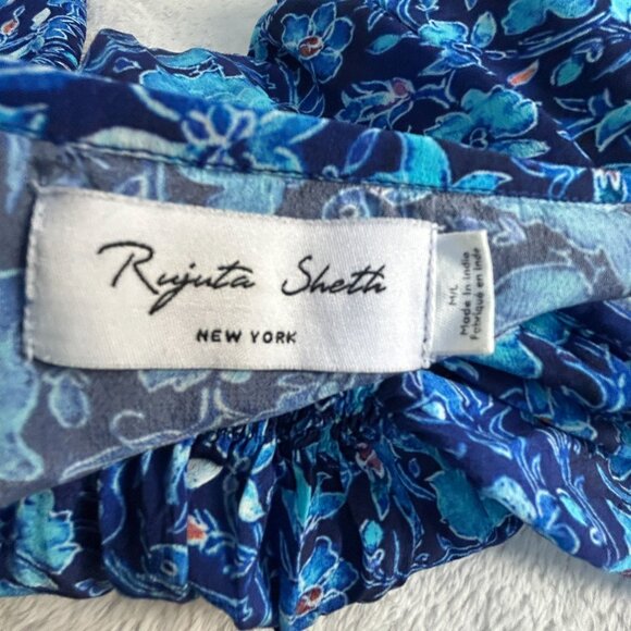 Rujuta Sheth Womens Blue Floral V-Neck Maxi Kaftan Dress M/L Pullover Casual - Picture 3 of 10